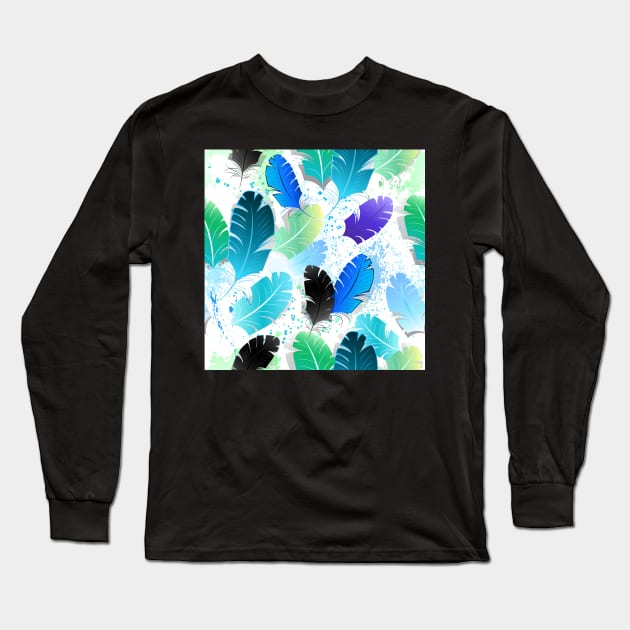 Seamless Pattern with Blue Feathers Long Sleeve T-Shirt by Blackmoon9